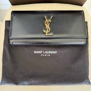 YSL Saint Laurent Black Leather Clutch with Gold Emblem